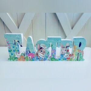 NWT Easter Sign Wood Decor Flowers, Bunnies and Carrots Holiday